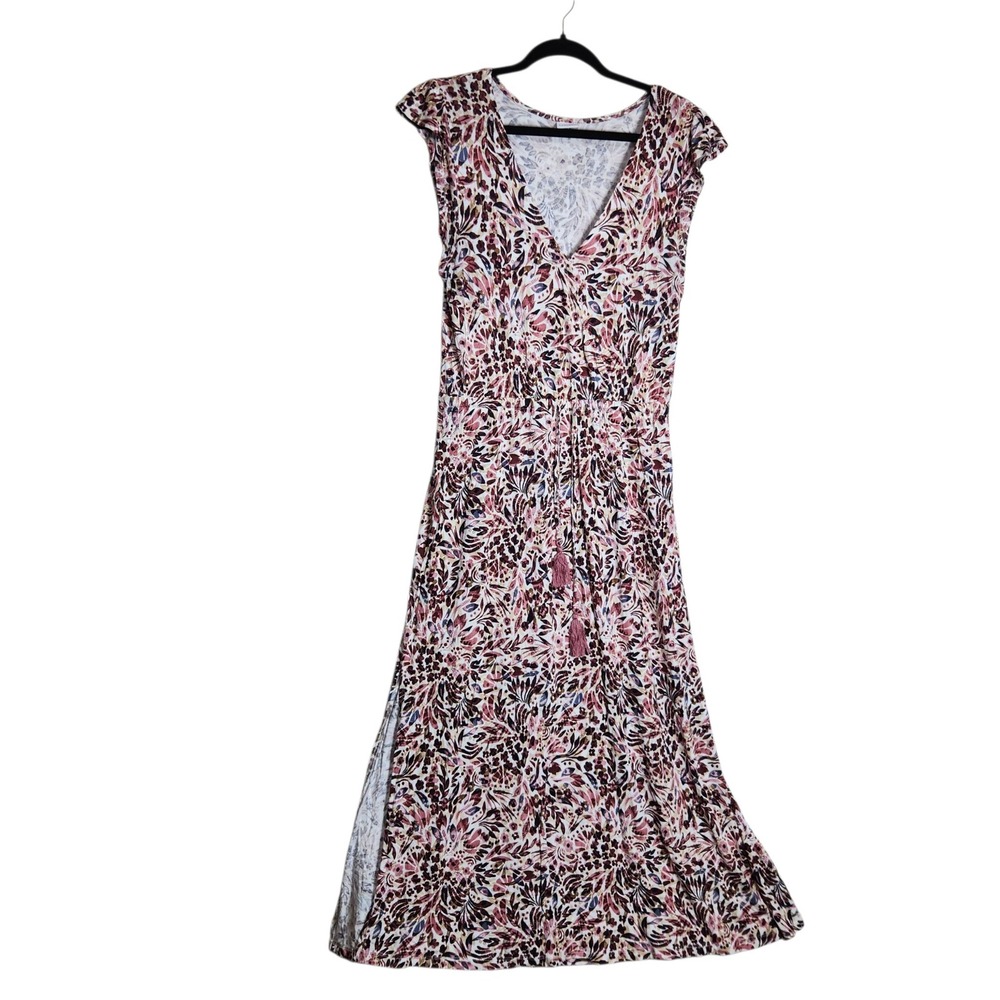 Lascana Womens Floral V-Neck Maxi Dress Size XL Pink Burgundy Tassel Slit Dress